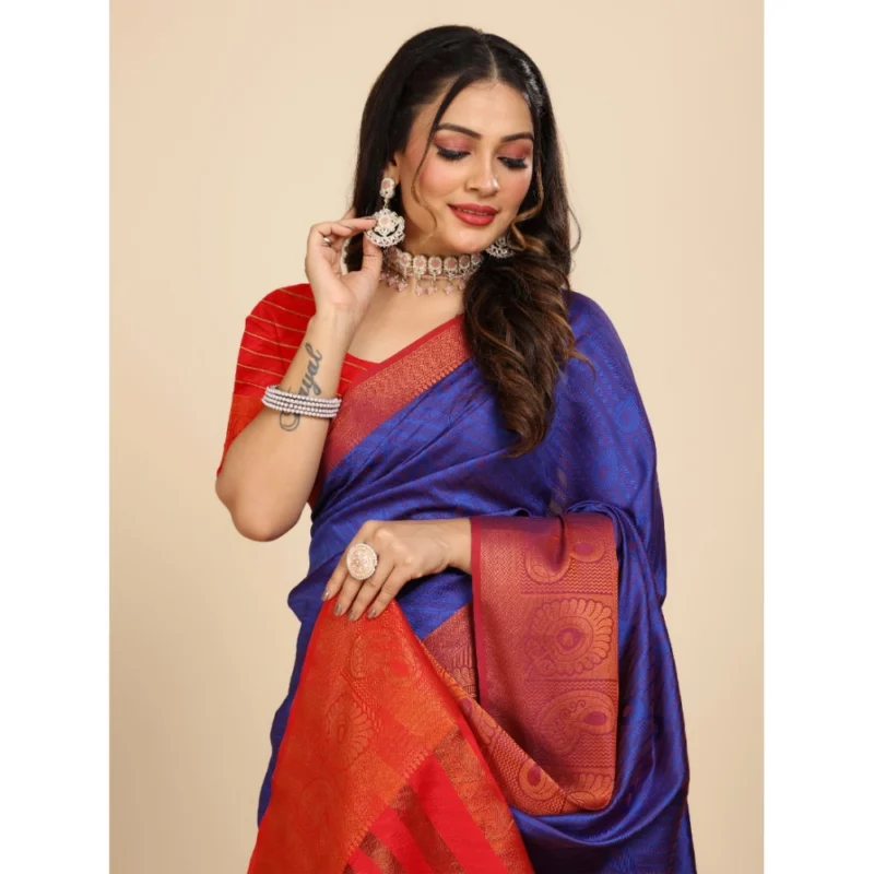 Generic Women's Organza Woven Saree With Unstitched Blouse (Blue, 5.5Mtrs) - Image 4