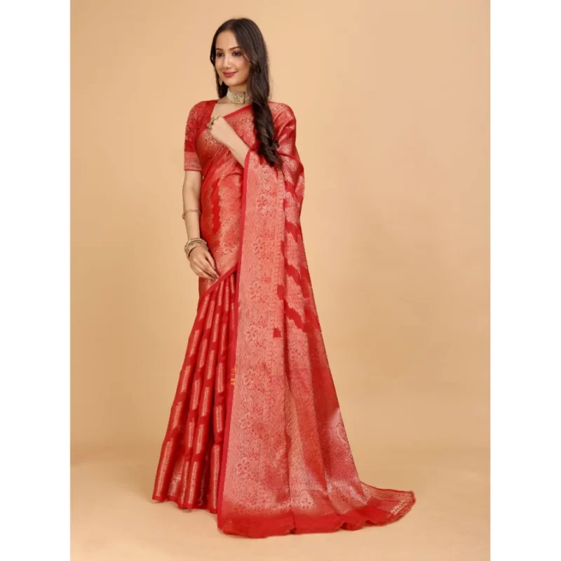 Generic Women's Organza Woven Saree With Unstitched Blouse (Red, 5.5Mtrs) - Image 3