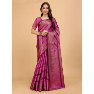 Generic Women's Organza Woven Saree With Unstitched Blouse (Pink, 5.5Mtrs)