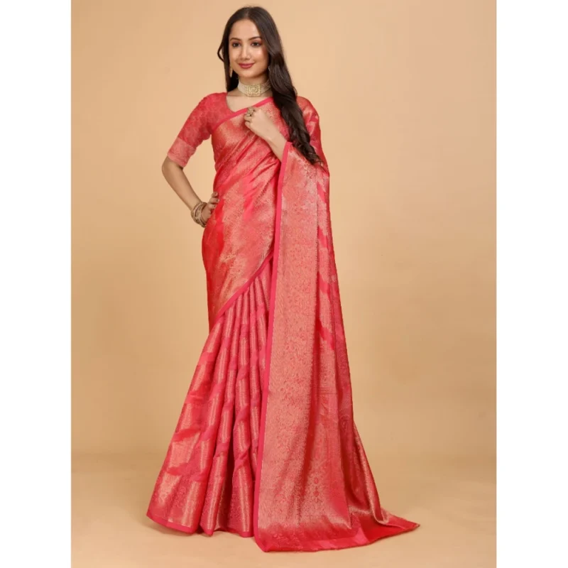 Generic Women's Organza Woven Saree With Unstitched Blouse (Beige, 5.5Mtrs) - Image 4