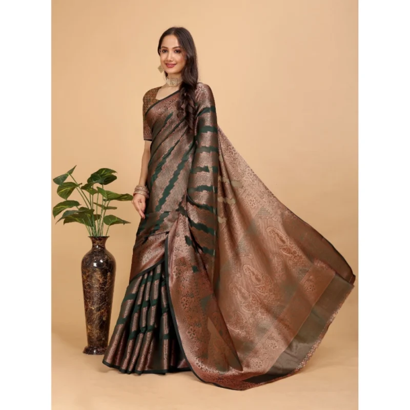 Generic Women's Organza Woven Saree With Unstitched Blouse (Dark Green, 5.5Mtrs) - Image 2