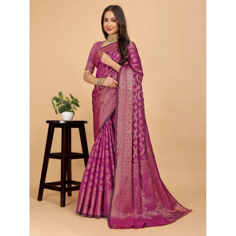 Generic Women's Organza Woven Saree With Unstitched Blouse (Pink, 5.5Mtrs) - Image 3