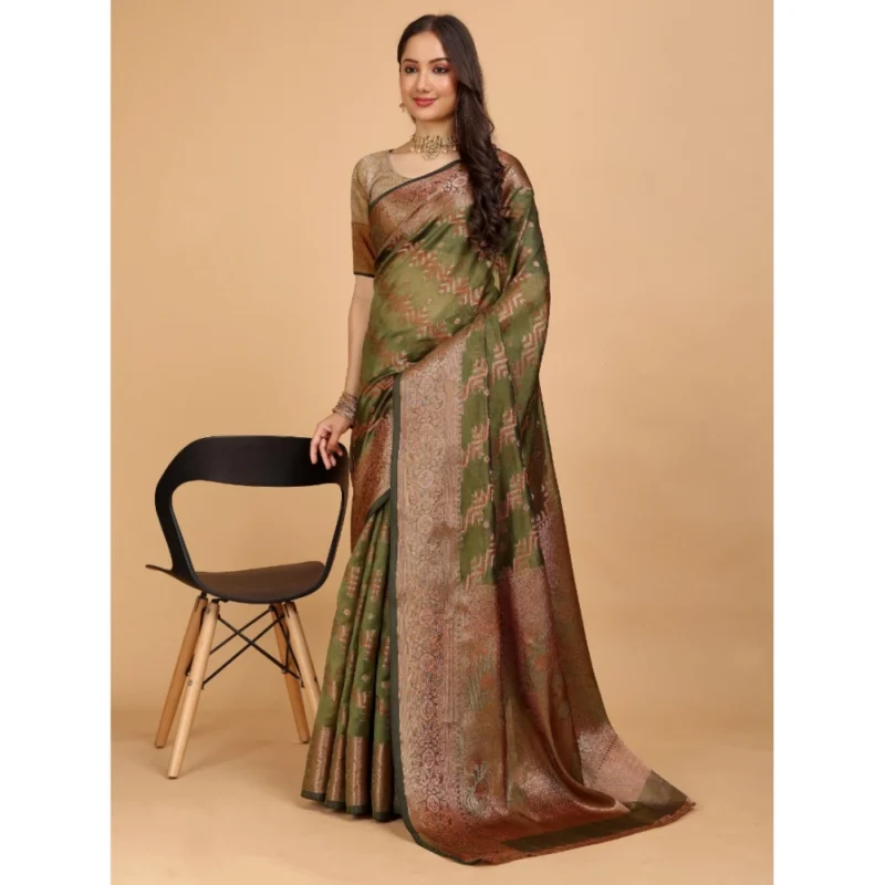 Generic Women's Organza Woven Saree With Unstitched Blouse (Light Green-Gold, 5.5Mtrs) - Image 2