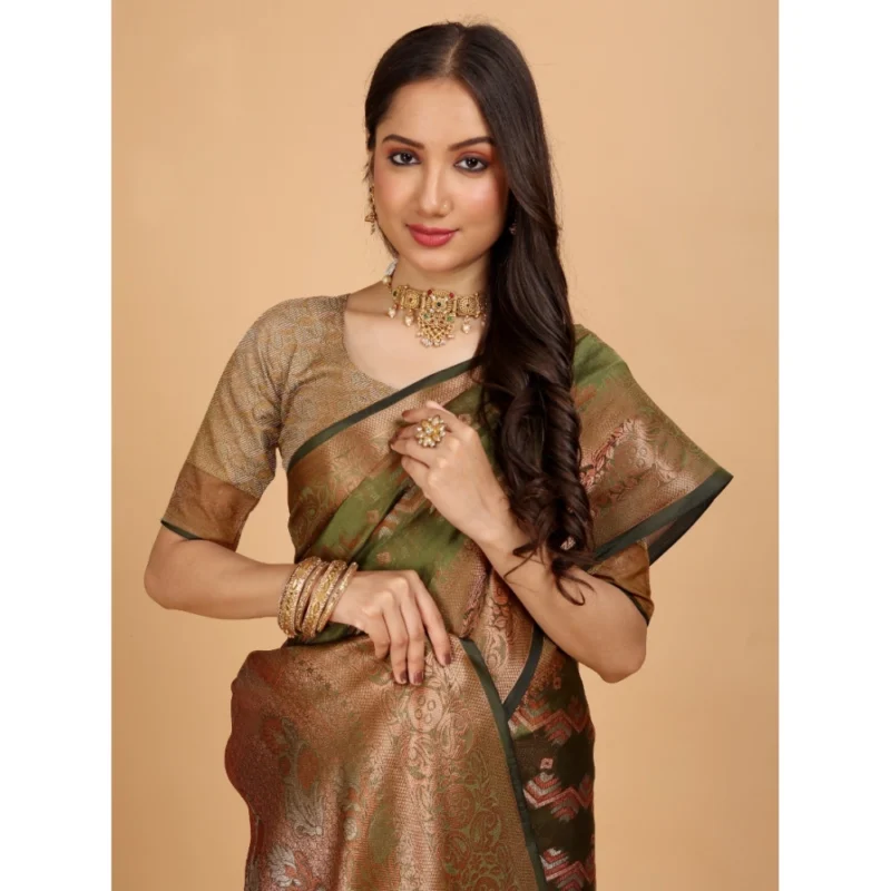Generic Women's Organza Woven Saree With Unstitched Blouse (Light Green-Gold, 5.5Mtrs) - Image 4