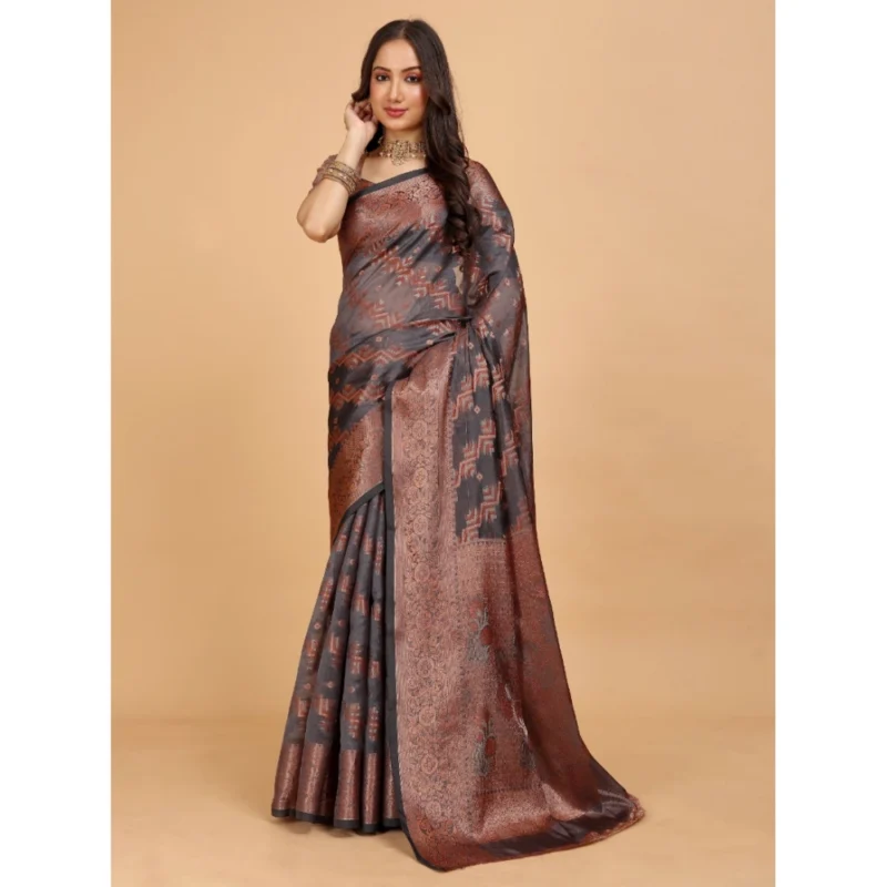 Generic Women's Organza Woven Saree With Unstitched Blouse (Brown, 5.5Mtrs) - Image 3