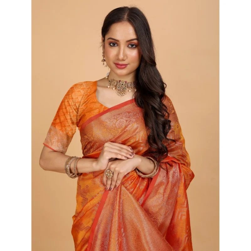 Generic Women's Organza Woven Saree With Unstitched Blouse (Green, 5.5Mtrs) - Image 4
