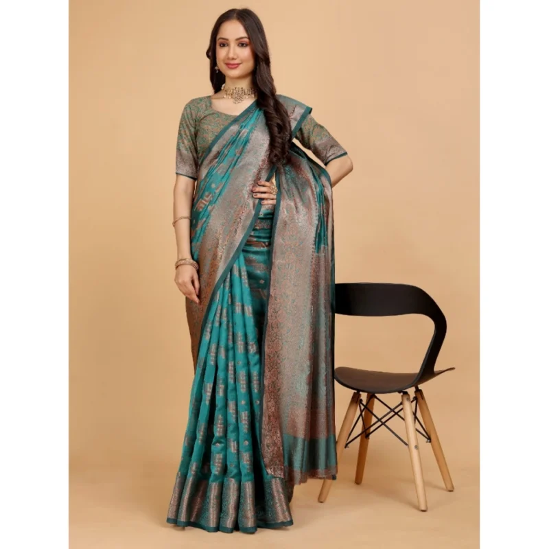 Generic Women's Organza Woven Saree With Unstitched Blouse (Blue-Grey, 5.5Mtrs) - Image 2