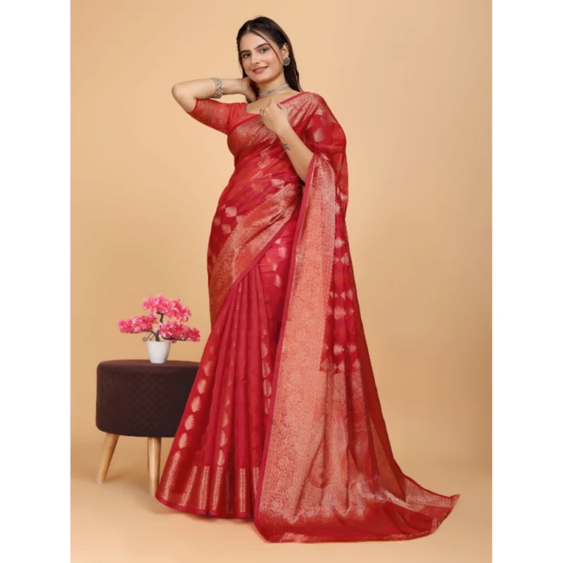 Generic Women's Organza Woven Saree With Unstitched Blouse (Red, 5.5Mtrs) - Image 2