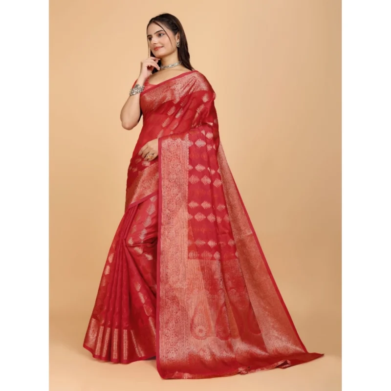 Generic Women's Organza Woven Saree With Unstitched Blouse (Red, 5.5Mtrs) - Image 3