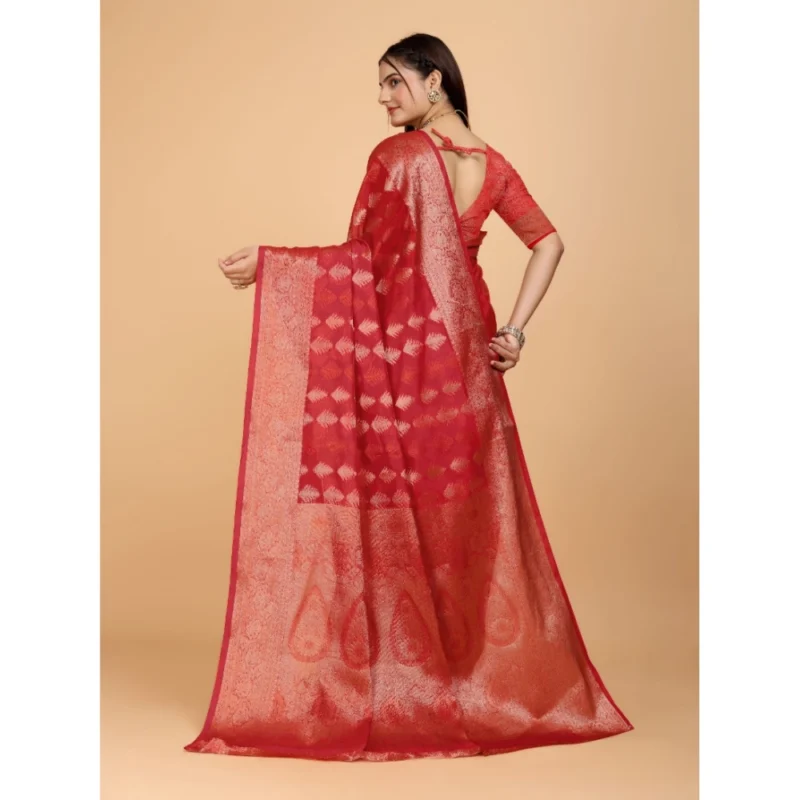 Generic Women's Organza Woven Saree With Unstitched Blouse (Red, 5.5Mtrs) - Image 4