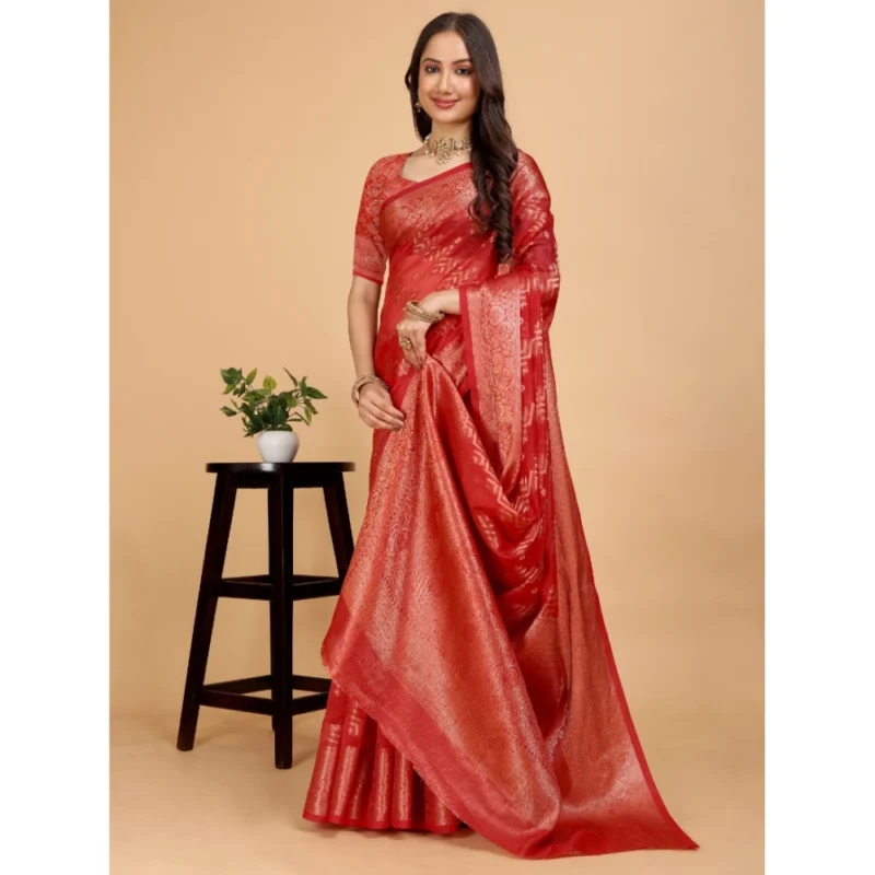 Generic Women's Organza Woven Saree With Unstitched Blouse (Red, 5.5Mtrs) - Image 2