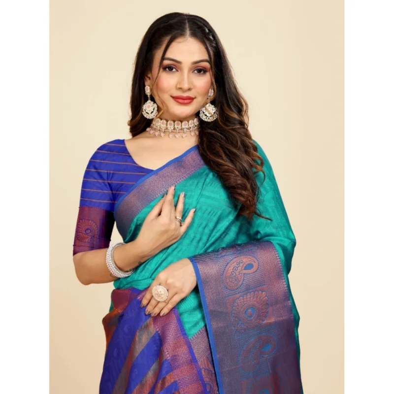 Generic Women's Organza Woven Saree With Unstitched Blouse (Green-Blue, 5.5Mtrs) - Image 4