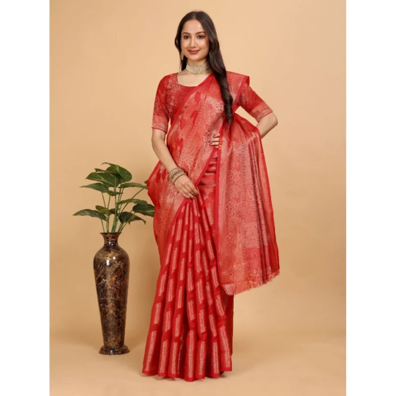 Generic Women's Organza Woven Saree With Unstitched Blouse (Red, 5.5Mtrs) - Image 2