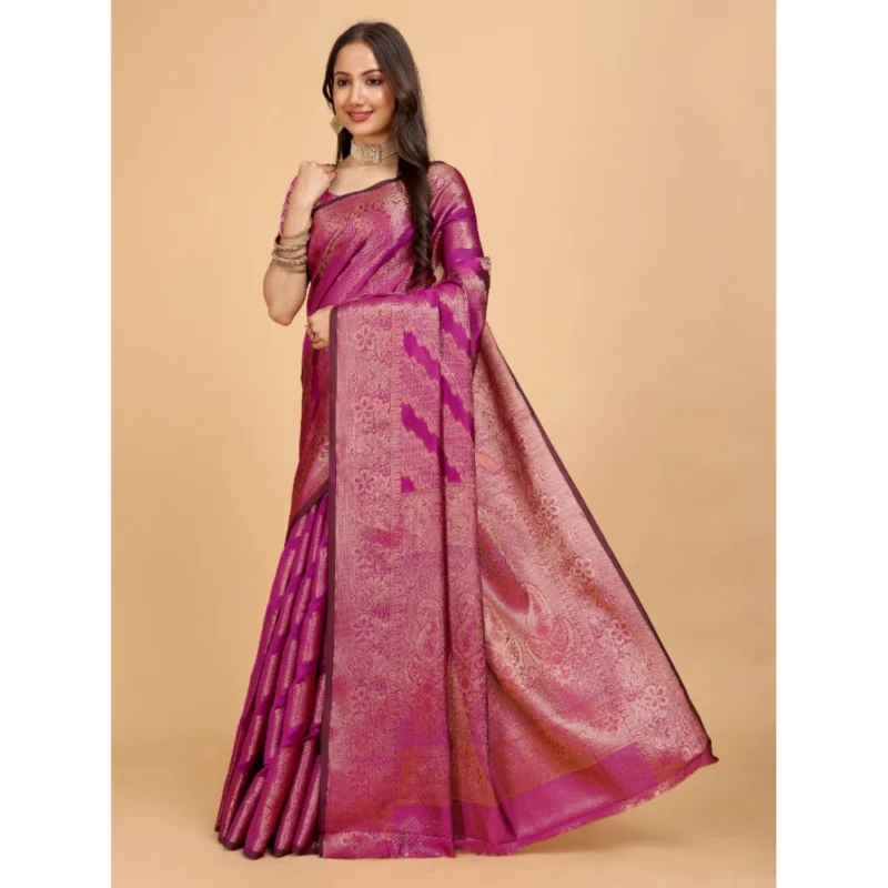 Generic Women's Organza Woven Saree With Unstitched Blouse (Pink, 5.5Mtrs) - Image 2