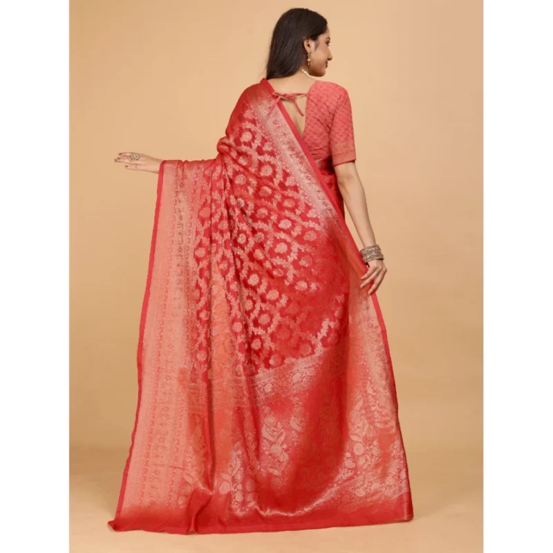 Generic Women's Organza Woven Saree With Unstitched Blouse (Red, 5.5Mtrs) - Image 2