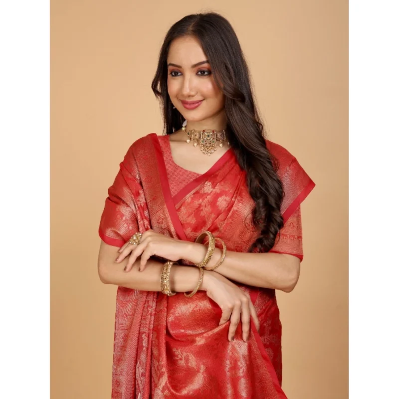 Generic Women's Organza Woven Saree With Unstitched Blouse (Red, 5.5Mtrs) - Image 4