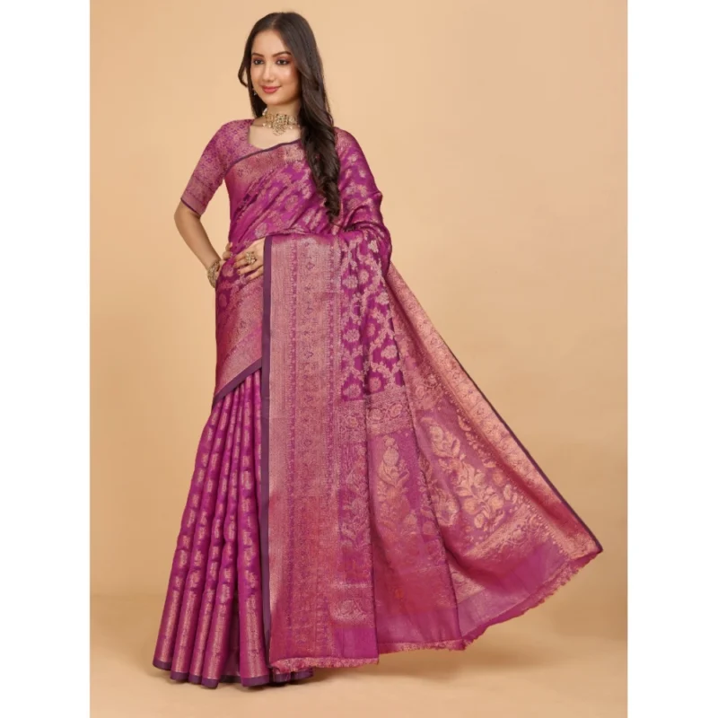 Generic Women's Organza Woven Saree With Unstitched Blouse (Pink, 5.5Mtrs) - Image 2