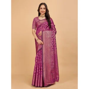 Generic Women's Organza Woven Saree With Unstitched Blouse (Pink, 5.5Mtrs)