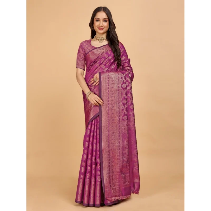 Generic Women's Organza Woven Saree With Unstitched Blouse (Pink, 5.5Mtrs)