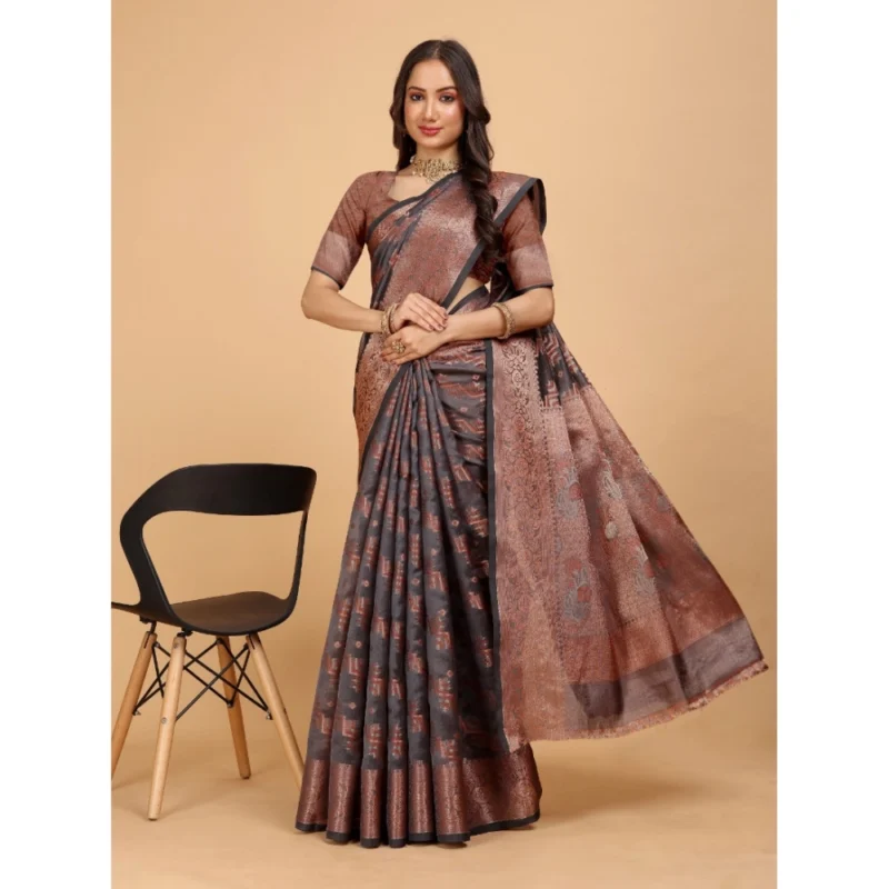 Generic Women's Organza Woven Saree With Unstitched Blouse (Brown, 5.5Mtrs) - Image 2