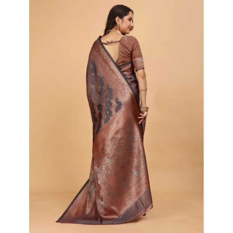 Generic Women's Organza Woven Saree With Unstitched Blouse (Brown, 5.5Mtrs) - Image 4