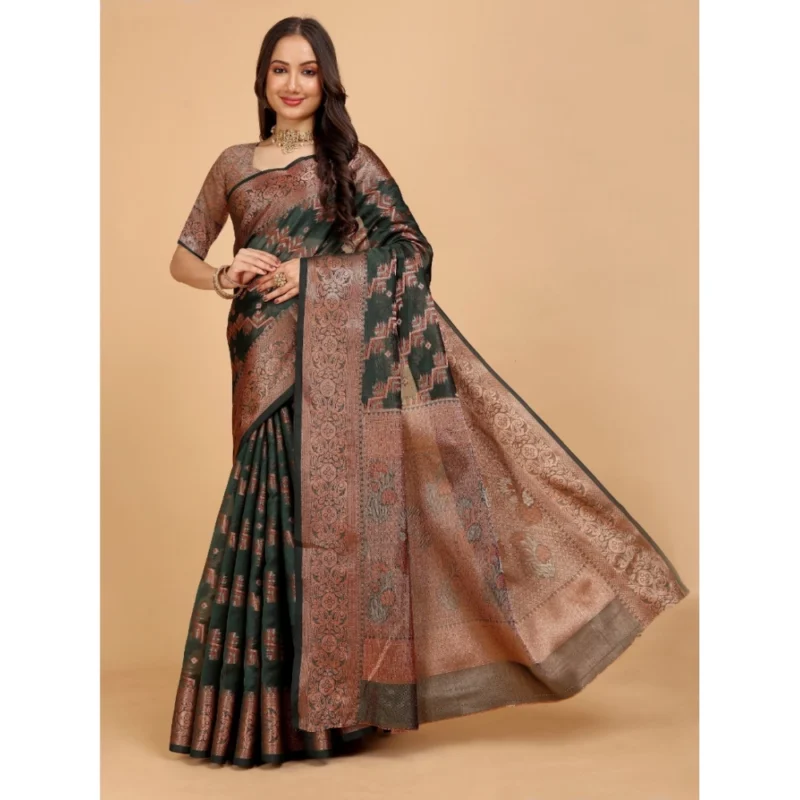 Generic Women's Organza Woven Saree With Unstitched Blouse (Dark Green, 5.5Mtrs) - Image 3