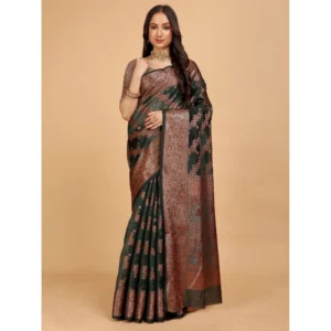 Generic Women's Organza Woven Saree With Unstitched Blouse (Dark Green, 5.5Mtrs)