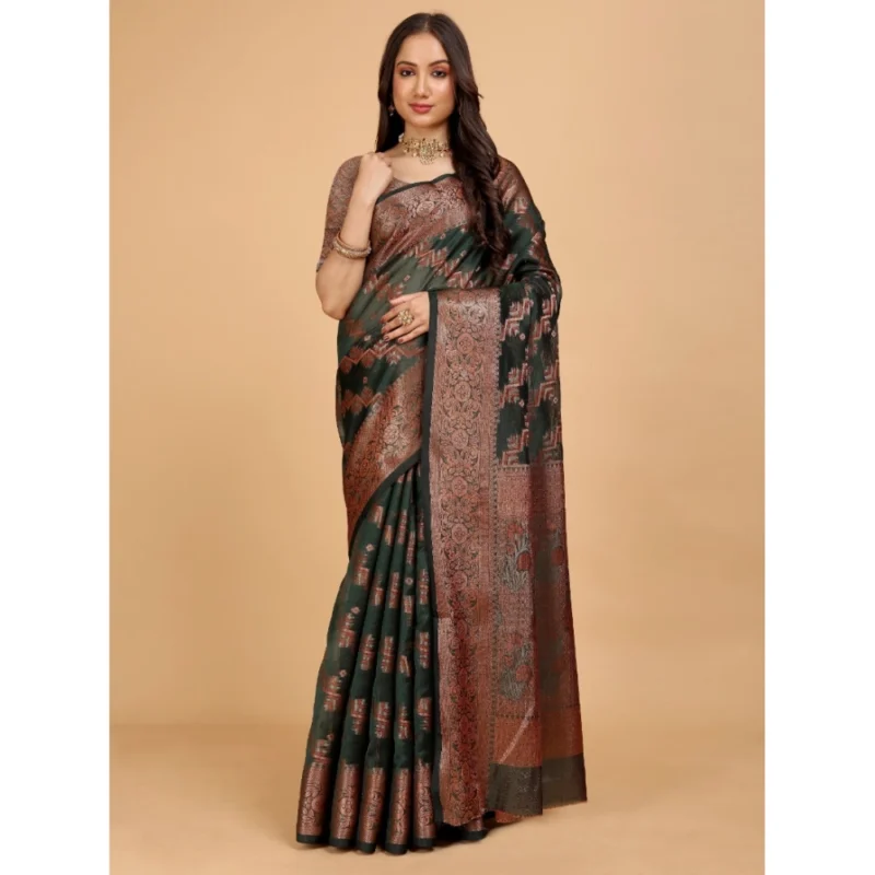 Generic Women's Organza Woven Saree With Unstitched Blouse (Dark Green, 5.5Mtrs)