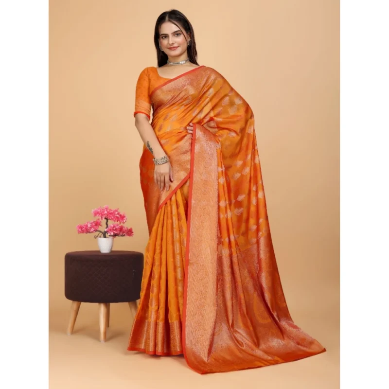 Generic Women's Organza Woven Saree With Unstitched Blouse (Mustard, 5.5Mtrs) - Image 3