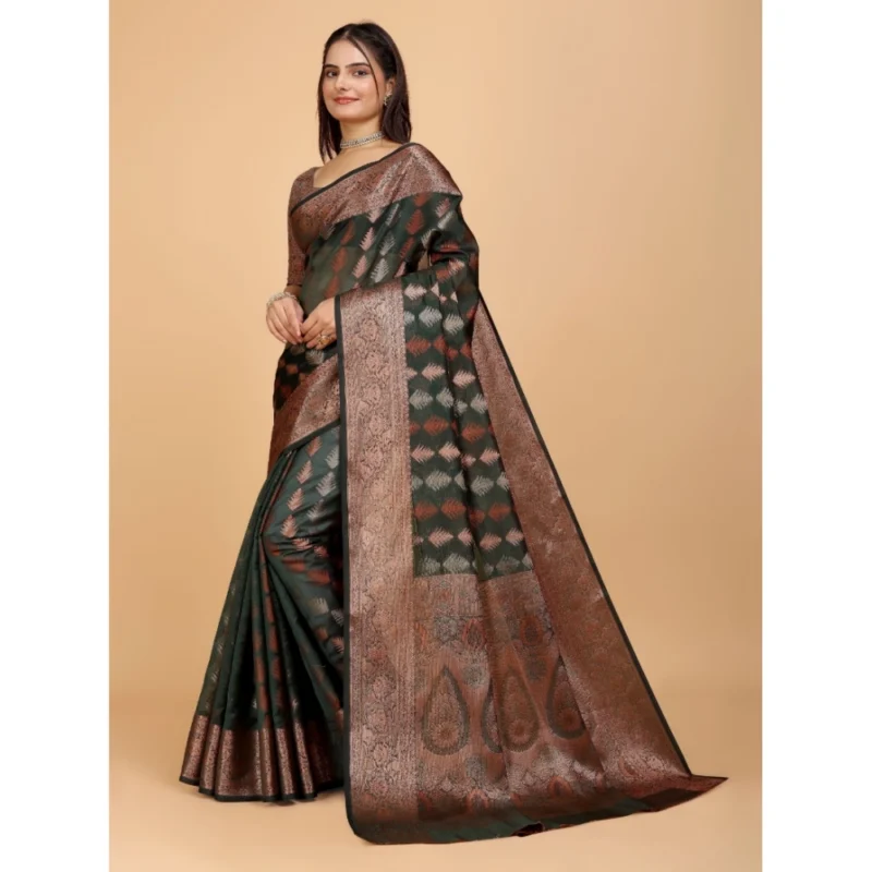 Generic Women's Organza Woven Saree With Unstitched Blouse (Dark Green, 5.5Mtrs) - Image 3