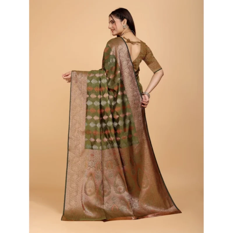 Generic Women's Organza Woven Saree With Unstitched Blouse (Green, 5.5Mtrs) - Image 4