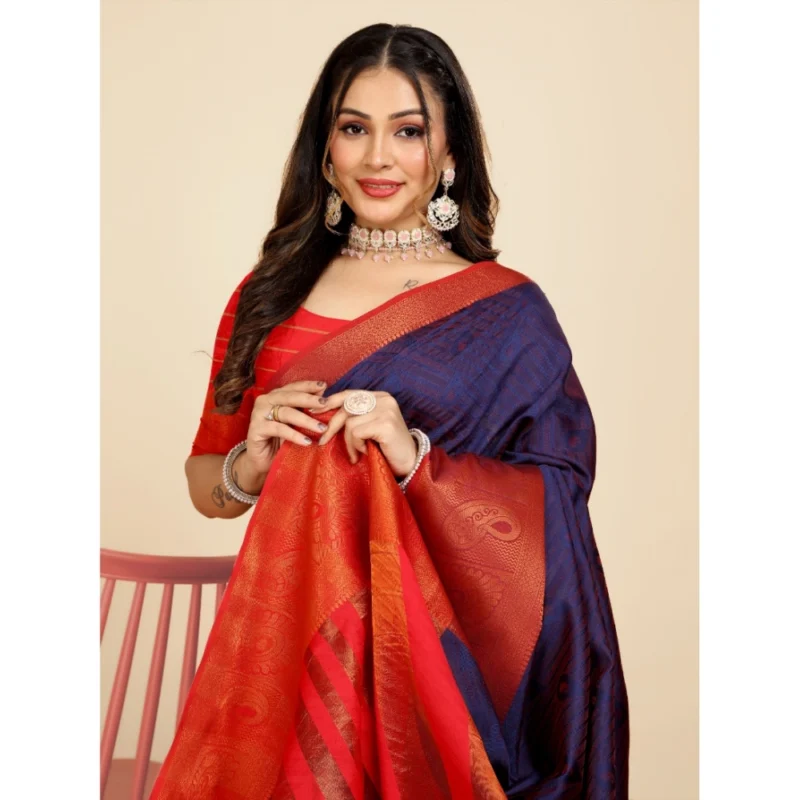 Generic Women's Organza Woven Saree With Unstitched Blouse (Dark Blue, 5.5Mtrs) - Image 4