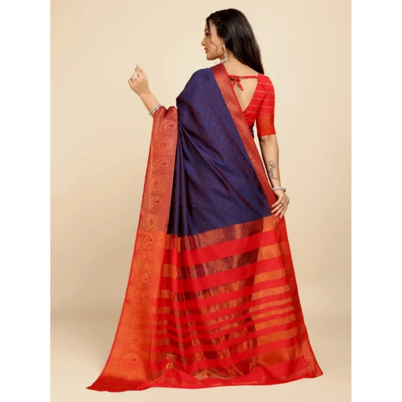 Generic Women's Organza Woven Saree With Unstitched Blouse (Dark Blue, 5.5Mtrs) - Image 3
