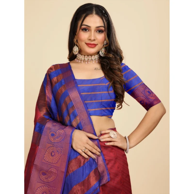 Generic Women's Organza Woven Saree With Unstitched Blouse (Maroon, 5.5Mtrs) - Image 4
