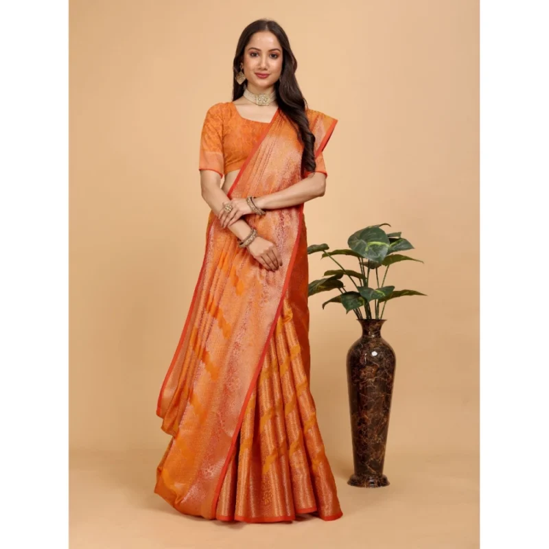 Generic Women's Organza Woven Saree With Unstitched Blouse (Orange, 5.5Mtrs) - Image 2