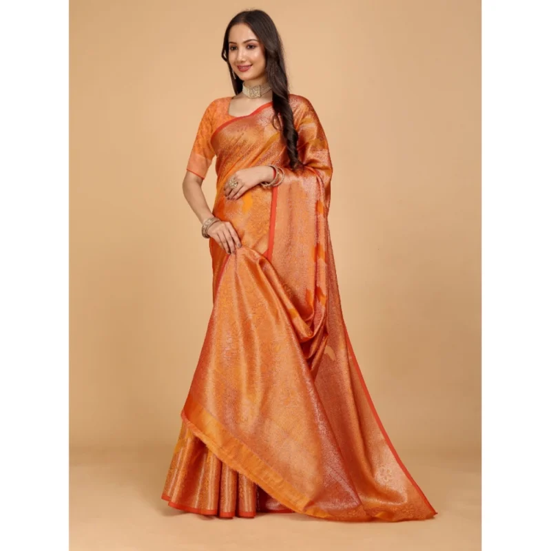 Generic Women's Organza Woven Saree With Unstitched Blouse (Orange, 5.5Mtrs) - Image 3