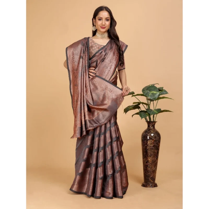 Generic Women's Organza Woven Saree With Unstitched Blouse (Grey, 5.5Mtrs) - Image 2