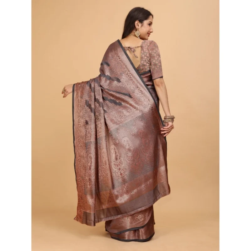 Generic Women's Organza Woven Saree With Unstitched Blouse (Grey, 5.5Mtrs) - Image 4