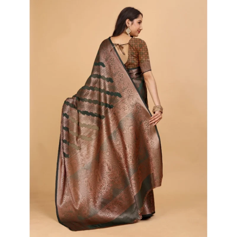Generic Women's Organza Woven Saree With Unstitched Blouse (Dark Green, 5.5Mtrs) - Image 4