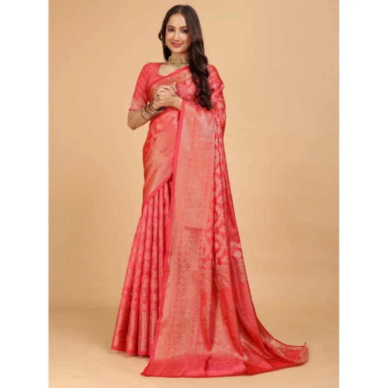 Generic Women's Organza Woven Saree With Unstitched Blouse (Magenta, 5.5Mtrs)