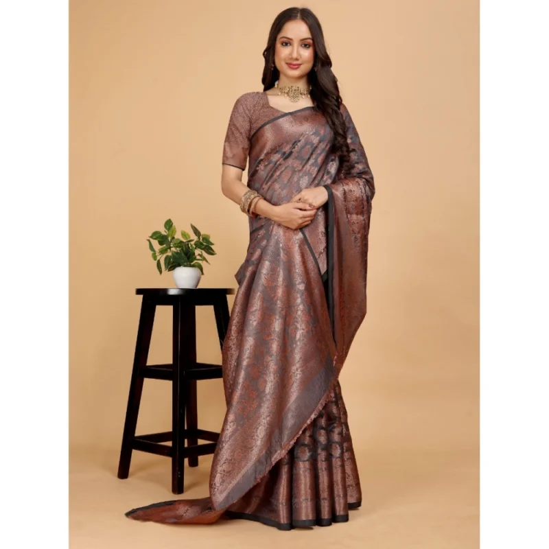 Generic Women's Organza Woven Saree With Unstitched Blouse (Brown, 5.5Mtrs) - Image 2