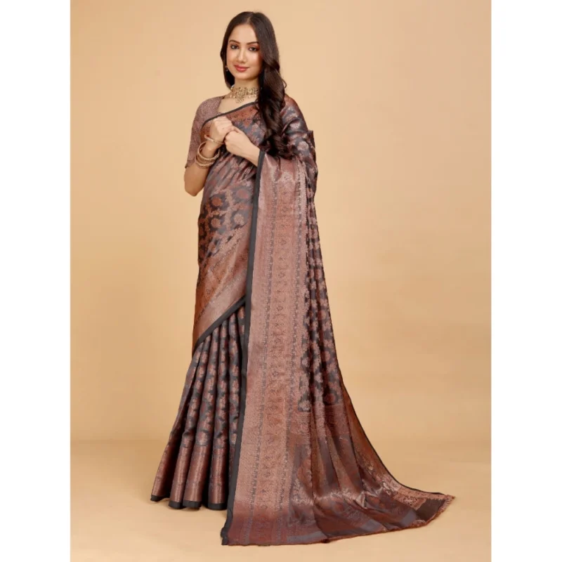 Generic Women's Organza Woven Saree With Unstitched Blouse (Brown, 5.5Mtrs) - Image 3