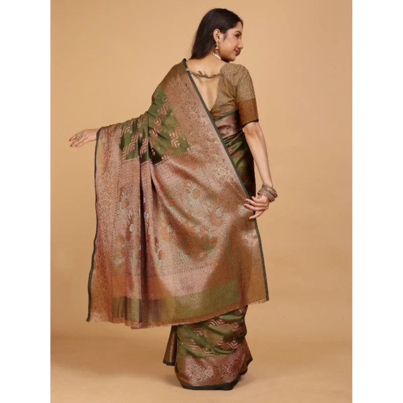 Generic Women's Organza Woven Saree With Unstitched Blouse (Light Green-Gold, 5.5Mtrs) - Image 3