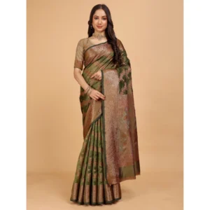 Generic Women's Organza Woven Saree With Unstitched Blouse (Light Green-Gold, 5.5Mtrs)
