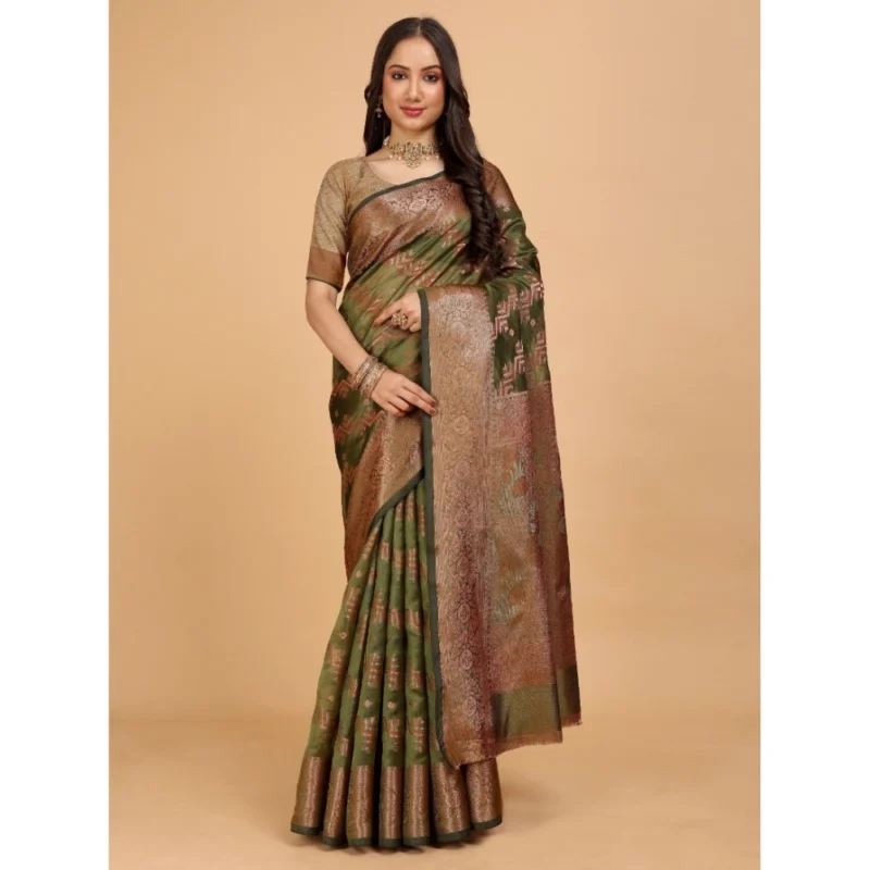 Generic Women's Organza Woven Saree With Unstitched Blouse (Light Green-Gold, 5.5Mtrs)