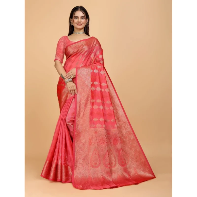 Generic Women's Organza Woven Saree With Unstitched Blouse (Beige, 5.5Mtrs)