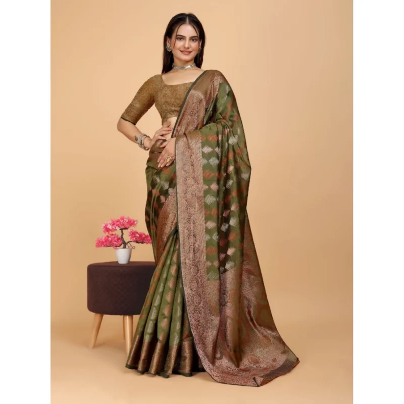 Generic Women's Organza Woven Saree With Unstitched Blouse (Green, 5.5Mtrs) - Image 2