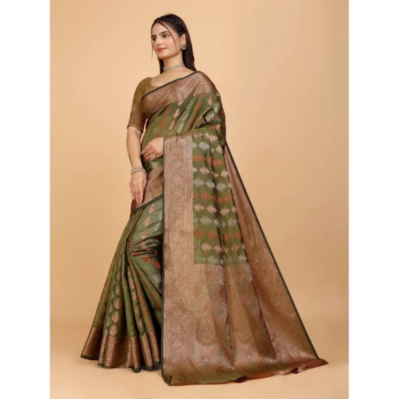 Generic Women's Organza Woven Saree With Unstitched Blouse (Green, 5.5Mtrs) - Image 3