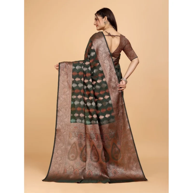 Generic Women's Organza Woven Saree With Unstitched Blouse (Dark Green, 5.5Mtrs) - Image 4