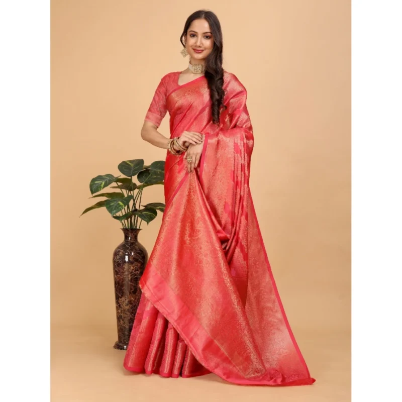Generic Women's Organza Woven Saree With Unstitched Blouse (Beige, 5.5Mtrs) - Image 2
